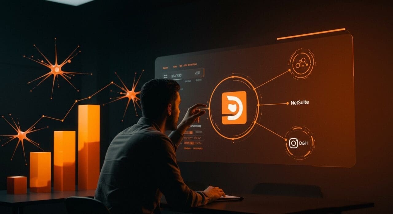Visualización de equipo SaaS escalando con DoorDash y NetSuite mediante automatización y alianzas estratégicas sin reemplazo de ERP.