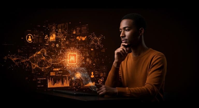 Fundador tech interactuando con interfaz holográfica de computación resonante mostrando ética tecnológica y software adaptativo en IA.