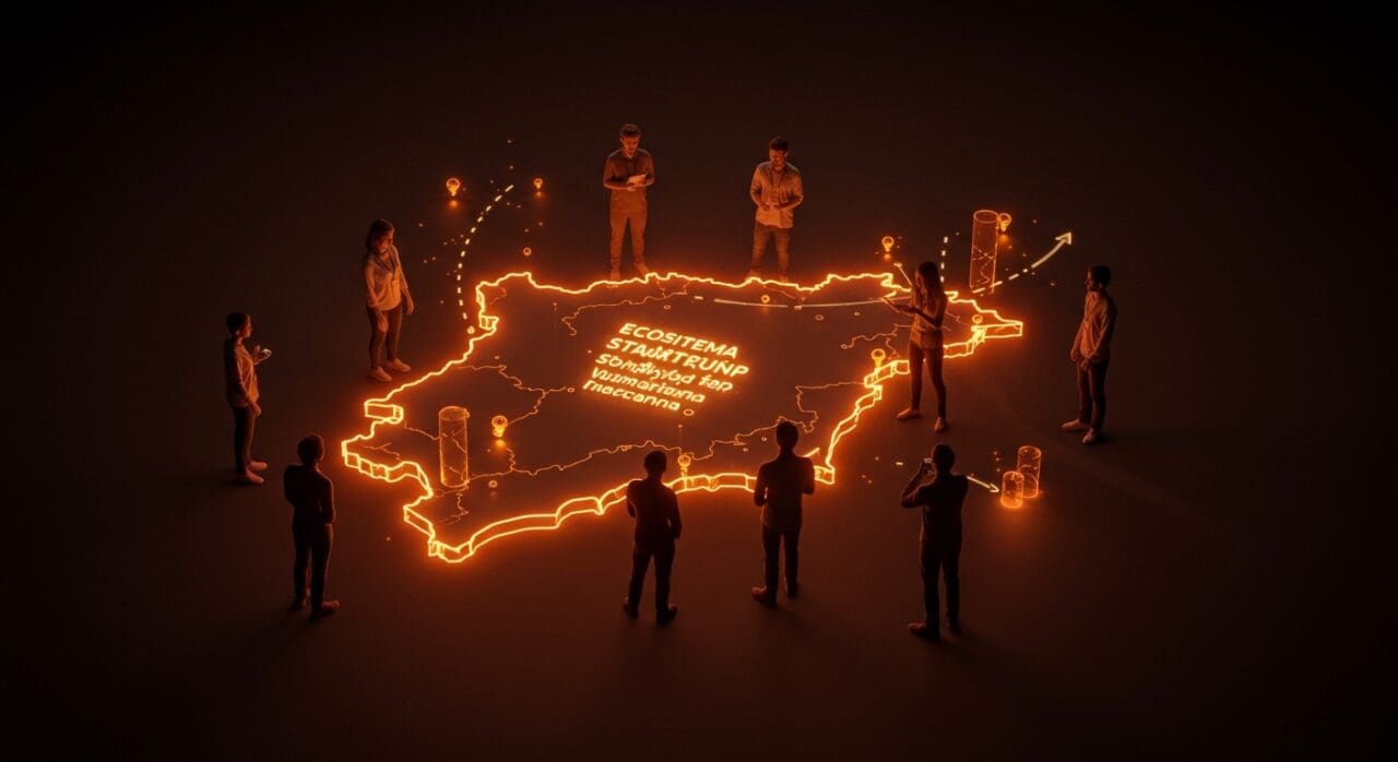 Grupo de emprendedores colaborando con un mapa digital iluminado, representando la federación y el ecosistema startup en la Comunidad Valenciana.