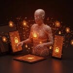 Asistente IA open source con cifrado extremo mostrando sincronización segura entre dispositivos, destacando privacidad y tecnología avanzada.