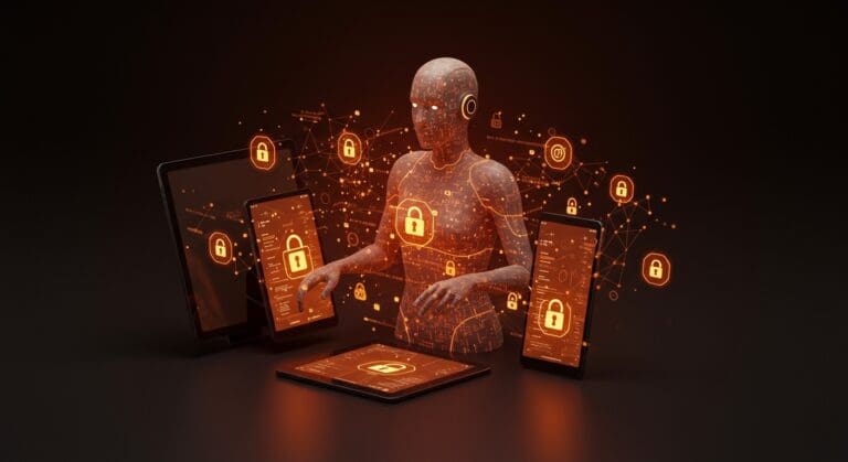 Asistente IA open source con cifrado extremo mostrando sincronización segura entre dispositivos, destacando privacidad y tecnología avanzada.