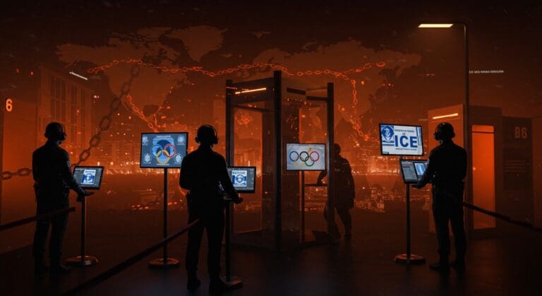 Seguridad y controversia sobre ICE en las Olimpiadas Milán 2026 reflejada en un control moderno con símbolos olímpicos y mapas internacionales.