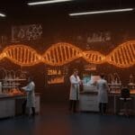 Colaboración de startups en biotecnología e IA aplicada en salud destacando financiación Serie A de Converge Bio en un laboratorio futurista.