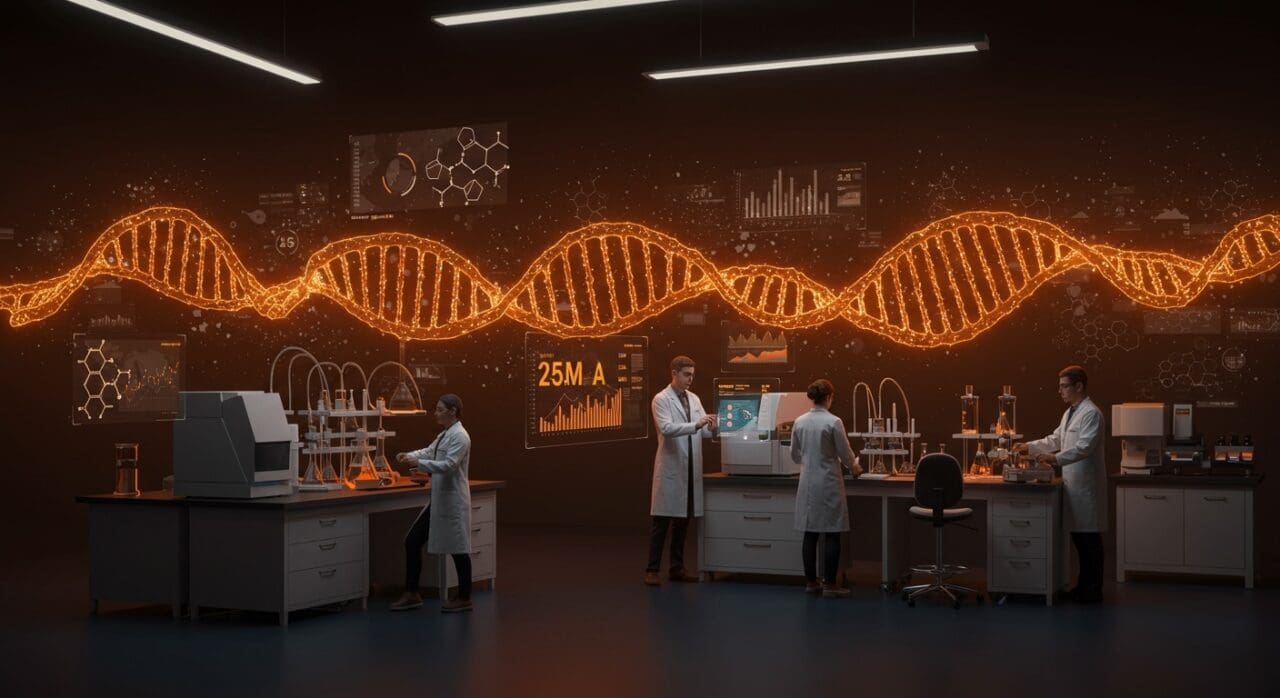 Colaboración de startups en biotecnología e IA aplicada en salud destacando financiación Serie A de Converge Bio en un laboratorio futurista.