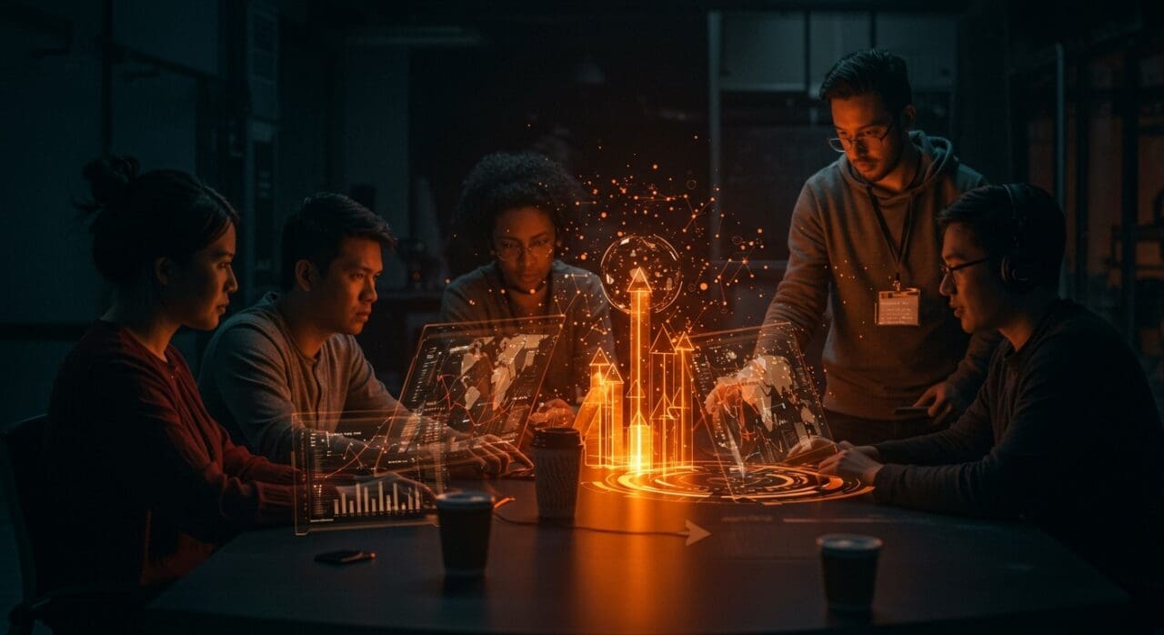 Emprendedores tecnológicos colaborando con mentorías y expansión internacional, destacando la convocatoria ALDEA+ de Innpulsa para startups globales.