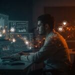 Ingeniero IA/ML trabajando en salud digital con metáforas visuales de inteligencia artificial aplicada y diversidad en startups de Bangalore.