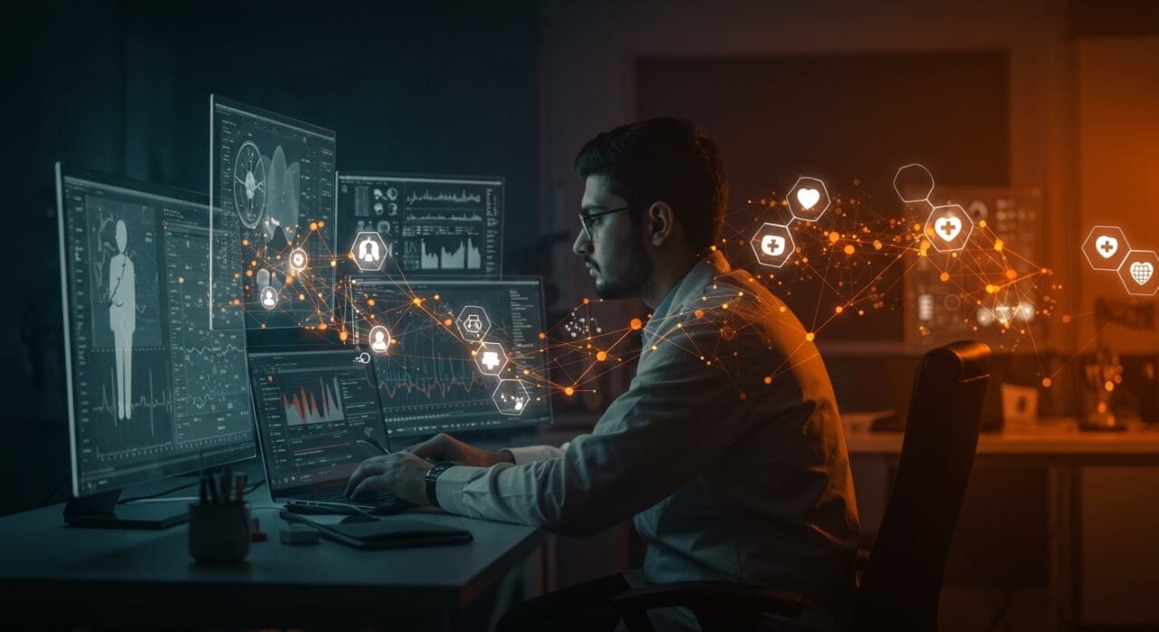 Ingeniero IA/ML trabajando en salud digital con metáforas visuales de inteligencia artificial aplicada y diversidad en startups de Bangalore.