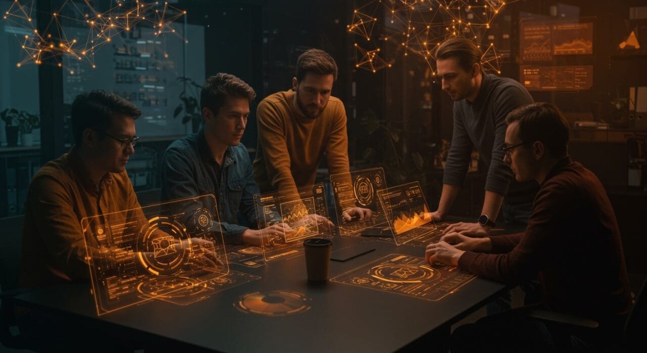 Fundadores tech colaborando con modelos de IA para mejorar la coordinación en startups, destacando la innovación en startups latinas.