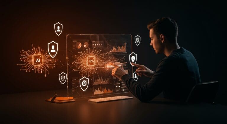 Fundador tecnológico interactuando con interfaz digital de seguro para startups impulsado por inteligencia artificial y financiamiento.