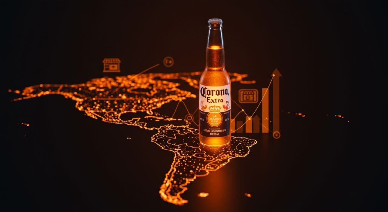 Corona lidera ranking de marcas valiosas en América Latina con representación visual del ecosistema fintech y retail en tonos naranja y negro.