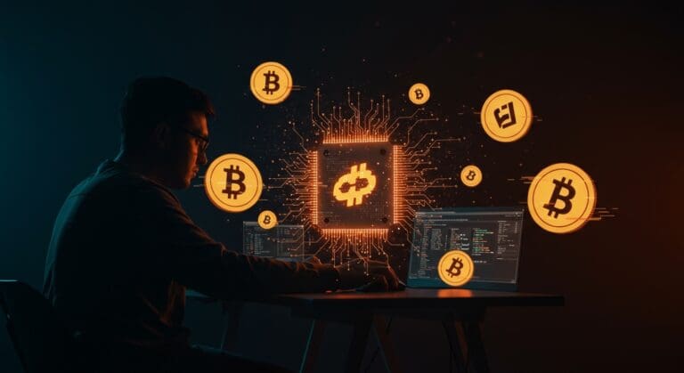 Desarrollador frente a interfaz holográfica de IA open-source rodeado de símbolos de memecoins que representan riesgos de funding con criptomonedas en startups.