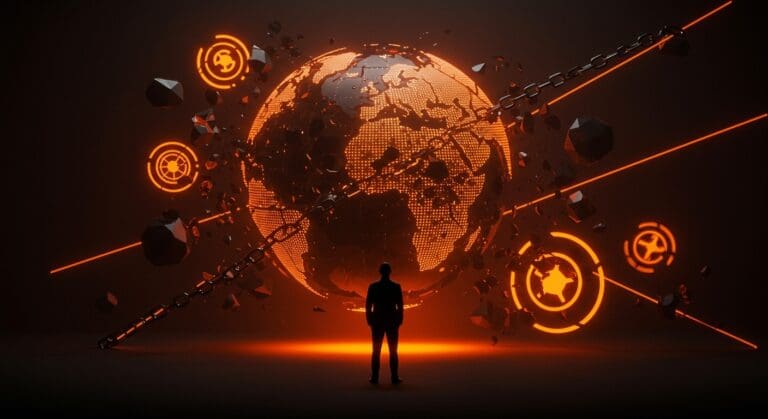 Silueta de líder con globo digital fragmentado que representa la crisis de confianza internacional en Estados Unidos tras Trump.