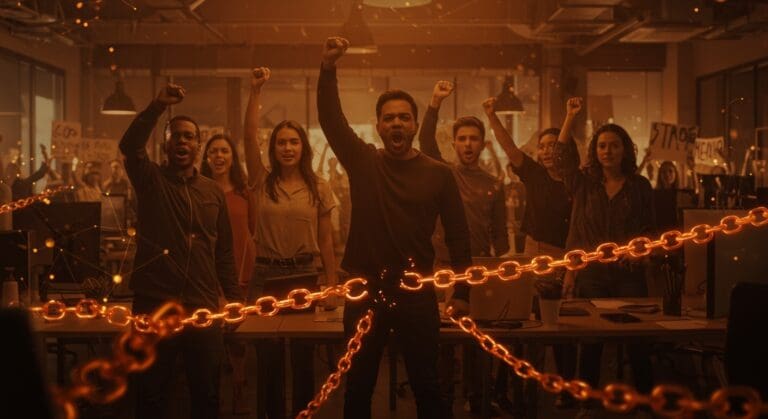 Empleados de startup Medium participando en huelga nacional, mostrando cultura organizacional y responsabilidad social en tecnología.