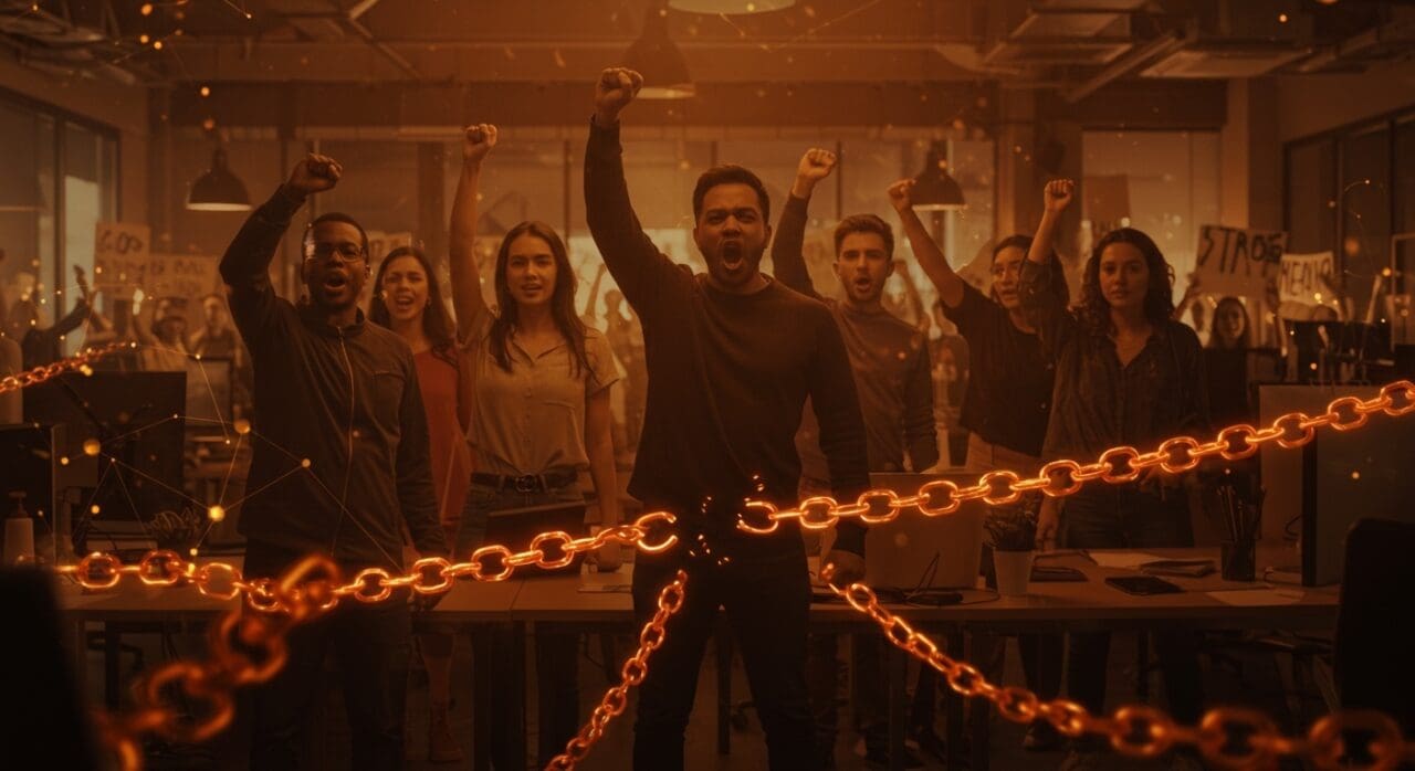 Empleados de startup Medium participando en huelga nacional, mostrando cultura organizacional y responsabilidad social en tecnología.