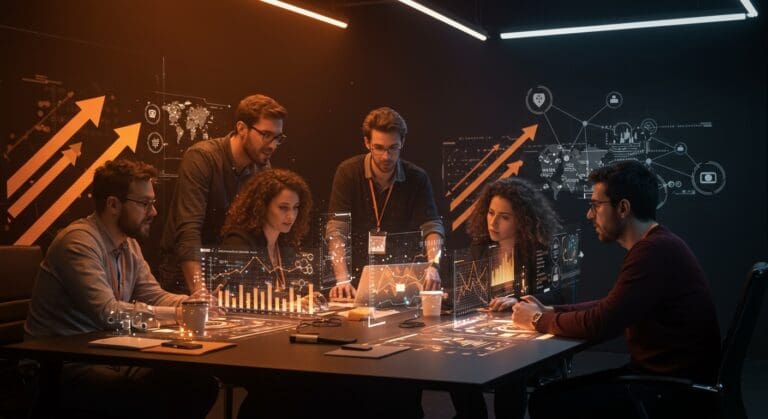 Cumbre de startups tecnológicas en Andalucía con emprendedores colaborando y elementos visuales de inteligencia artificial y networking.