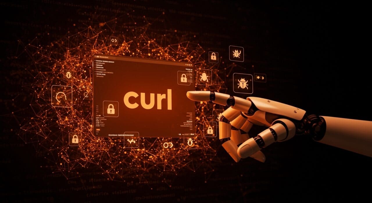 Representación visual de cURL suspendiendo su programa bug bounty debido a la avalancha de reportes generados por IA, destacando implicancias para la seguridad open source.
