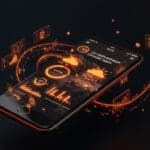 Interfaz innovadora de app climática Dark Sky con visualización de datos y diseño UX en paleta naranja y negro de Ecosistema Startup.