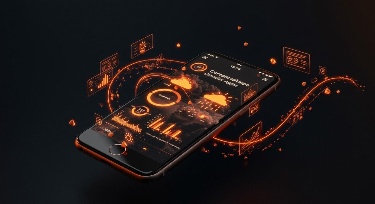 Interfaz innovadora de app climática Dark Sky con visualización de datos y diseño UX en paleta naranja y negro de Ecosistema Startup.