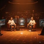 Foro Davos 2026 con emprendedores latinoamericanos interactuando con tecnología IA, mostrando la innovación en el mercado startup.