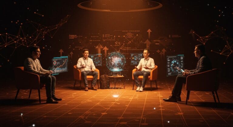 Foro Davos 2026 con emprendedores latinoamericanos interactuando con tecnología IA, mostrando la innovación en el mercado startup.