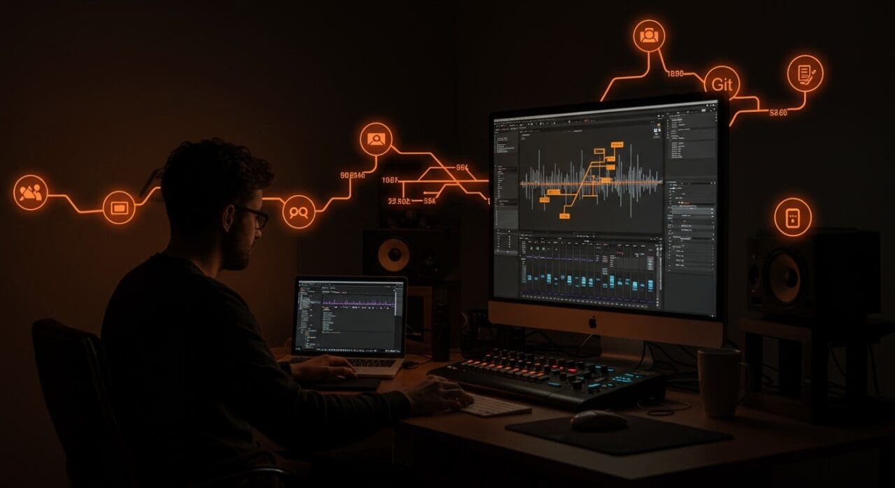 Interfaz de DAW nativo para macOS con modelo Git de ramificación, mostrando colaboración ágil y producción de audio en un entorno SaaS.