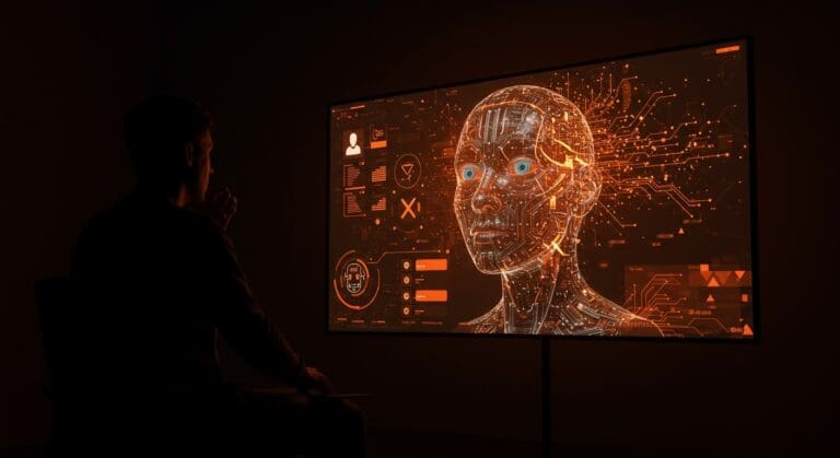 Imagen editorial de silhouette de fundador tech frente a pantalla digital con rostro deepfake y chatbot Grok, simbolizando investigación y regulación de IA en tecnología.