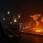 Visualización digital de DeepSeek bajo escrutinio regulatorio global, con símbolos de IA, privacidad de datos y seguridad en un entorno tecnológico moderno.