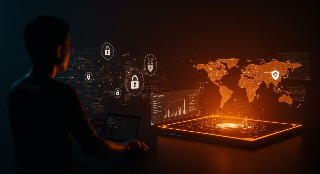 Visualización digital de DeepSeek bajo escrutinio regulatorio global, con símbolos de IA, privacidad de datos y seguridad en un entorno tecnológico moderno.