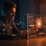 Emprendedor interactuando con hologramas de modelos de inteligencia artificial y gráficos regulatorios, simbolizando innovación y seguridad en DeepSeek IA.