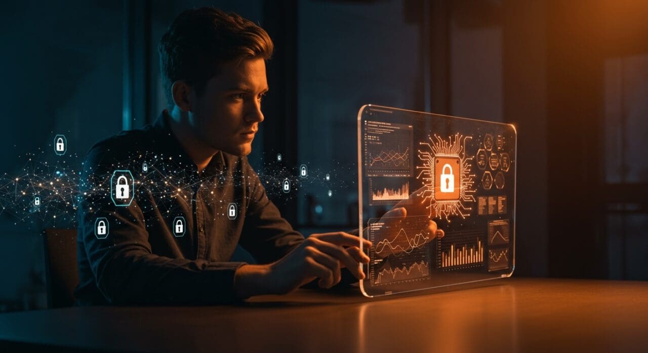 Emprendedor interactuando con hologramas de modelos de inteligencia artificial y gráficos regulatorios, simbolizando innovación y seguridad en DeepSeek IA.