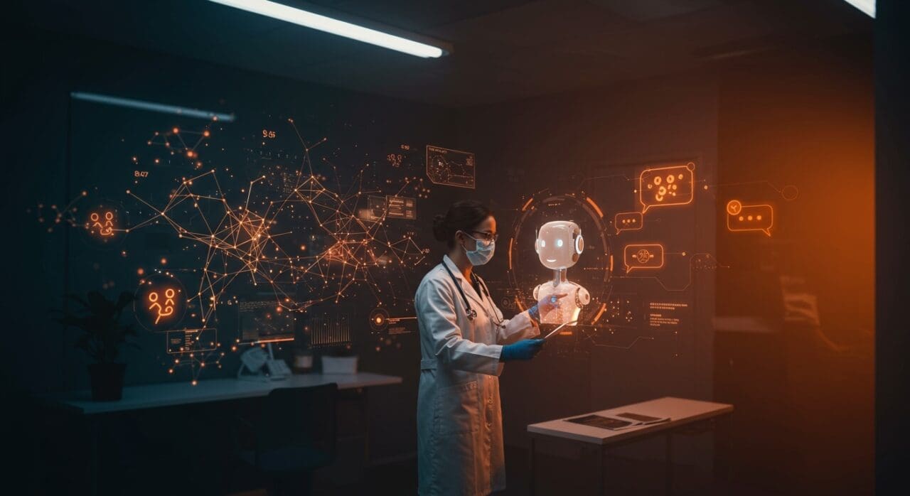 Oncólogo brasileño utilizando chatbot de IA en salud digital para apoyar la oncología asistida por inteligencia artificial.