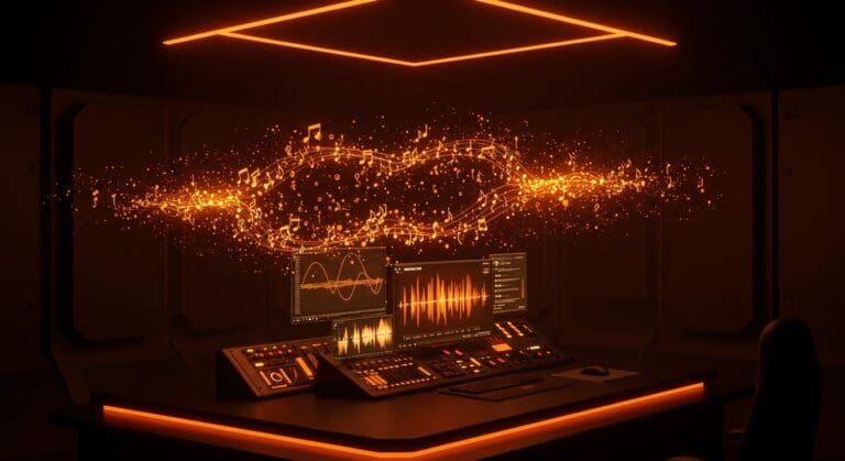 Interfaz digital futurista de detección de música generada por IA de Deezer en plataformas de streaming, destacando la integración de inteligencia artificial en el ecosistema musical.