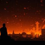 Líder contemplando un paisaje digital que ilustra la crisis y tendencias de la democracia liberal y el crecimiento económico en 2026 para startups.