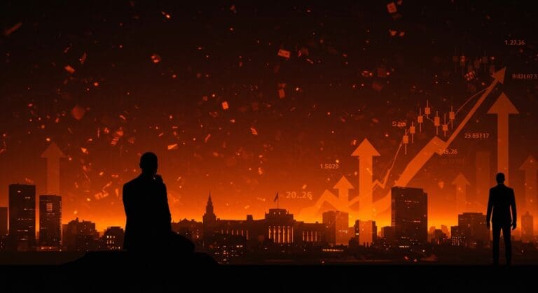 Líder contemplando un paisaje digital que ilustra la crisis y tendencias de la democracia liberal y el crecimiento económico en 2026 para startups.