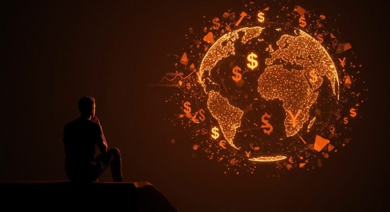 Desdolarización representada por símbolos monetarios digitales fragmentados en un entorno futurista, ilustrando la pérdida de dominio global del dólar y su impacto en startups y mercados emergentes.