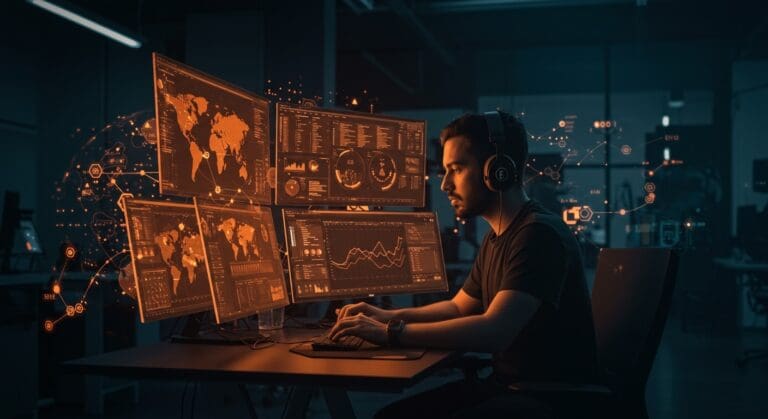 DevOps engineer trabajando en plataforma fintech AI con conexión global entre India y Latinoamérica, destacando innovación y talento tecnológico.