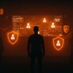 Fundador tech protegido por un escudo digital naranja frente a la vigilancia del DHS y ICE, simbolizando la privacidad online y el anonimato en redes sociales.