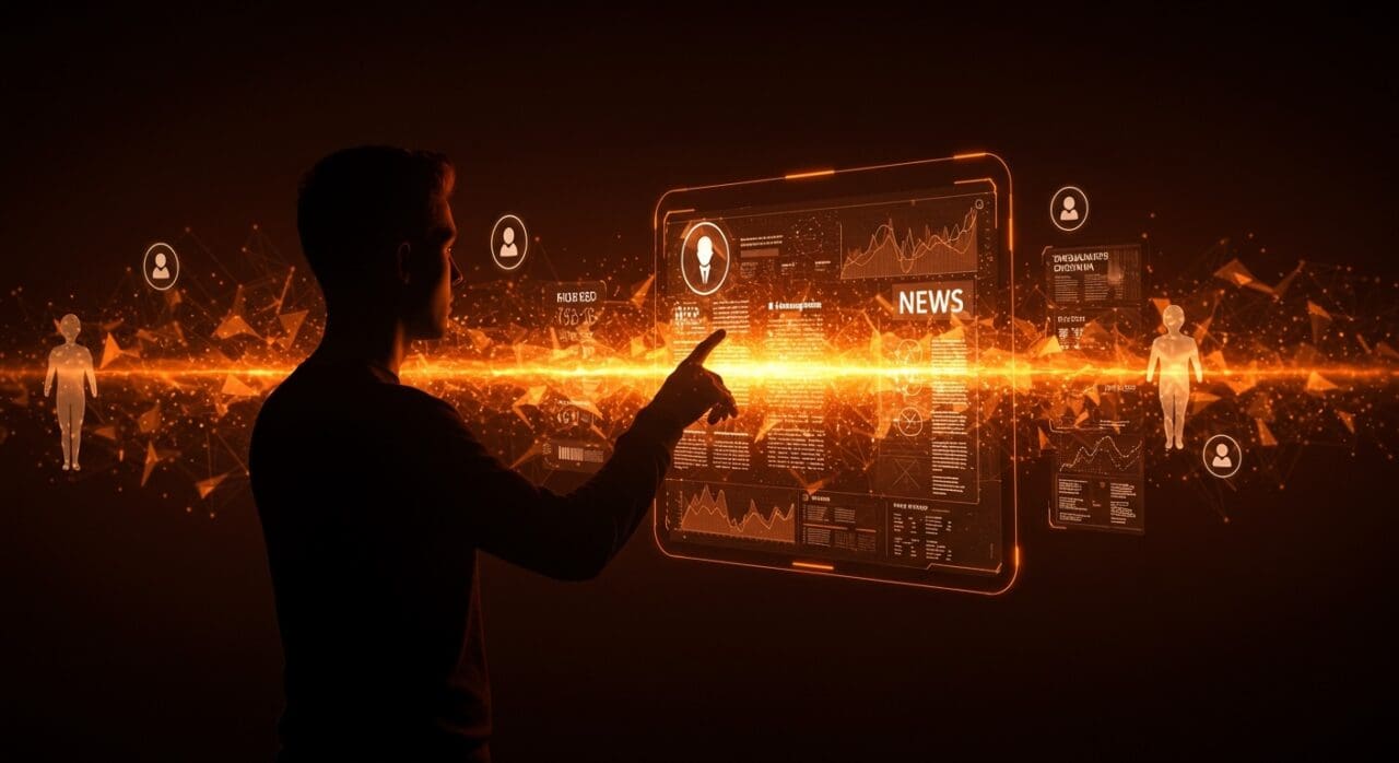 Interfaz digital futurista mostrando feeds de noticias personalizados mediante IA y automatización para founders tech libres de sesgos y ruido.