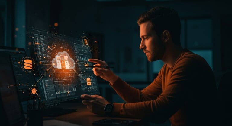 Impacto de servicios gestionados de DigitalOcean en startups mostrando infraestructura digital, redes VPC y gestión de bugs.