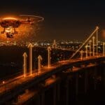 Drone con inteligencia artificial inspeccionando infraestructura civil, ilustrando innovación y expansión tecnológica en la ingeniería.