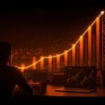 Founder latinoamericano observando un horizonte económico global resiliente, con metáforas visuales de crecimiento y mercados globales en tonos naranja y negro.