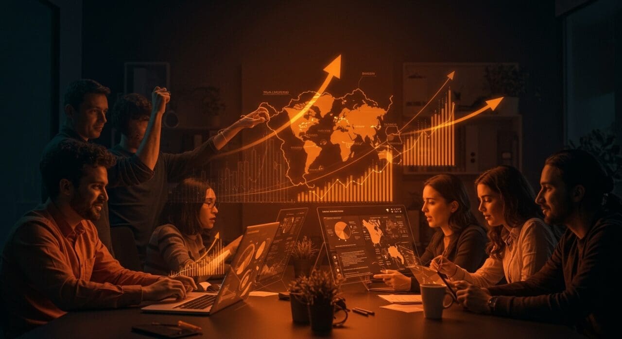 Equipo de emprendedores startup en Andalucía visualizando crecimiento económico e internacionalización con casi 700 millones de facturación en 2025.