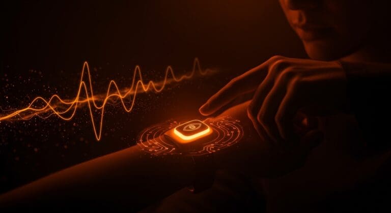 Dispositivo wearable para salud visual de Edenlux en estilo wellness tech, destacando innovación en tecnología wearable.