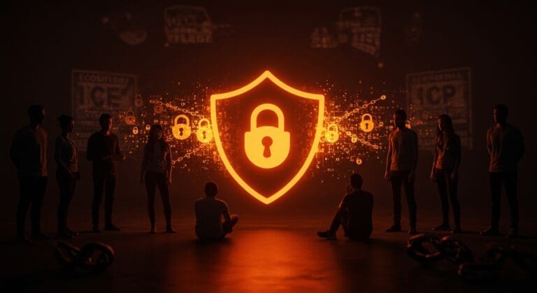 Comunidad tech unida en solidaridad por derechos digitales con símbolos digitales de protección y activismo contra la violencia institucional.