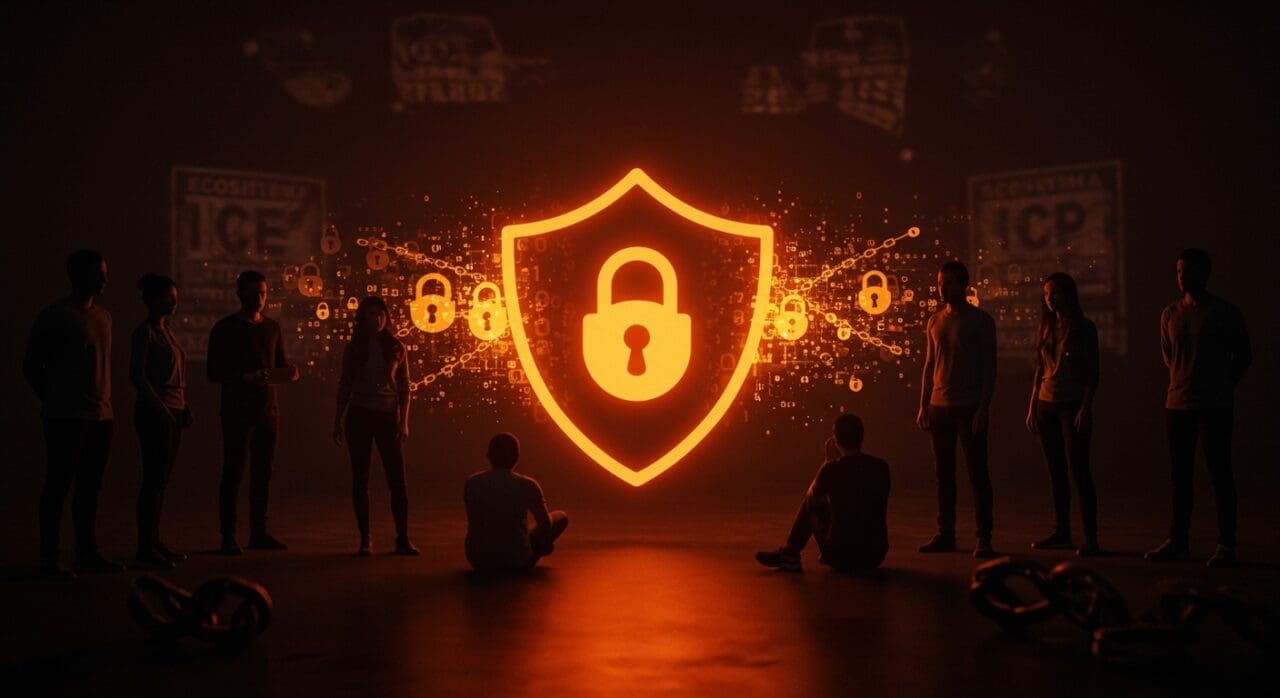 Comunidad tech unida en solidaridad por derechos digitales con símbolos digitales de protección y activismo contra la violencia institucional.