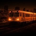 Tren eléctrico Caltrain avanzando en entorno urbano representando la electrificación y movilidad urbana en el ferrocarril regional de California.