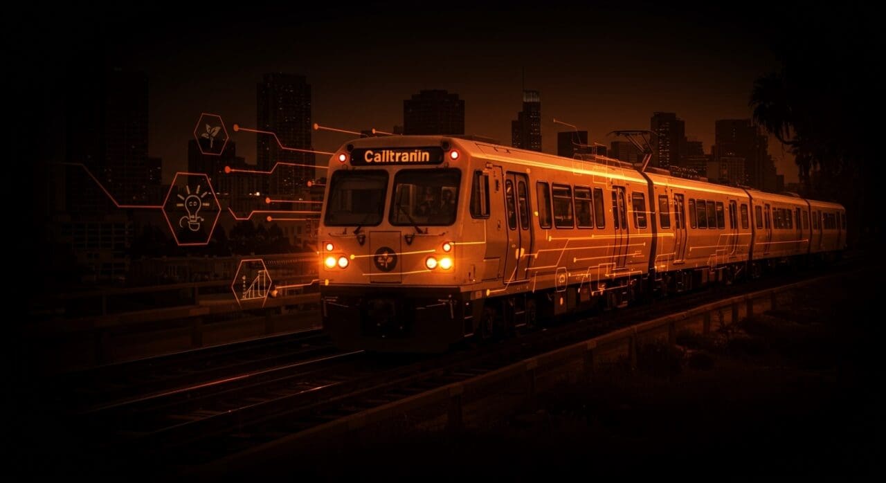 Tren eléctrico Caltrain avanzando en entorno urbano representando la electrificación y movilidad urbana en el ferrocarril regional de California.