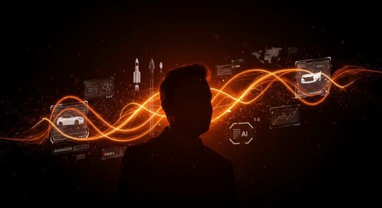 Elon Musk simbolizado con interfaces holográficas fusionando SpaceX, Tesla y xAI en un entorno tecnológico de alta innovación.