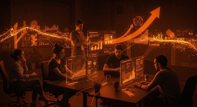 Grupo de emprendedores latinoamericanos colaborando en un espacio tecnológico que simboliza innovación y empleo en América Latina.