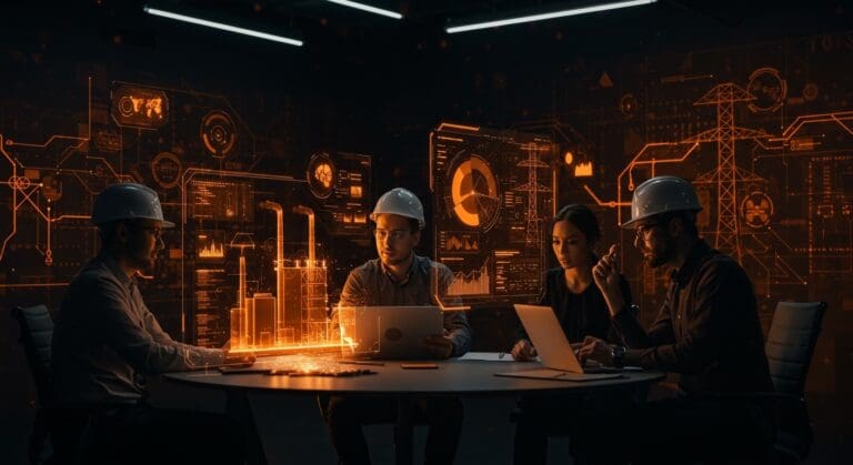 Empresas tecnológicas colaborando en plantas energéticas digitales representando el nuevo mercado eléctrico en EE.UU.